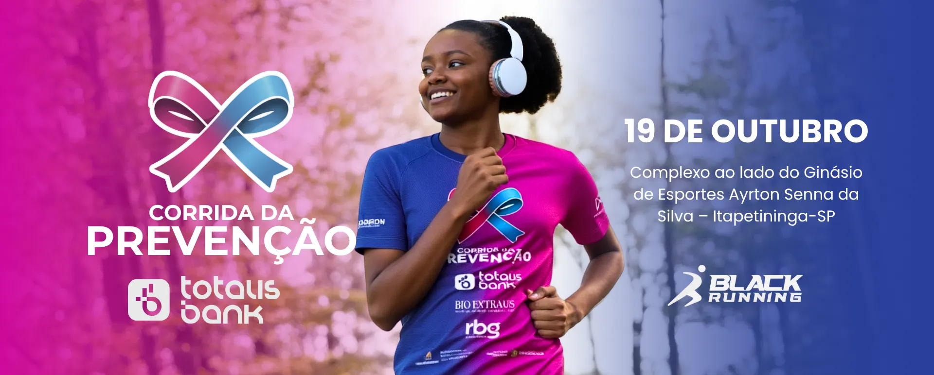 Banner da Corrida da Prevenção com corredora sorridente e laço rosa e azul.