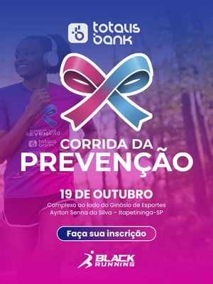 Banner da Corrida da Prevenção com corredora sorridente e laço rosa e azul.